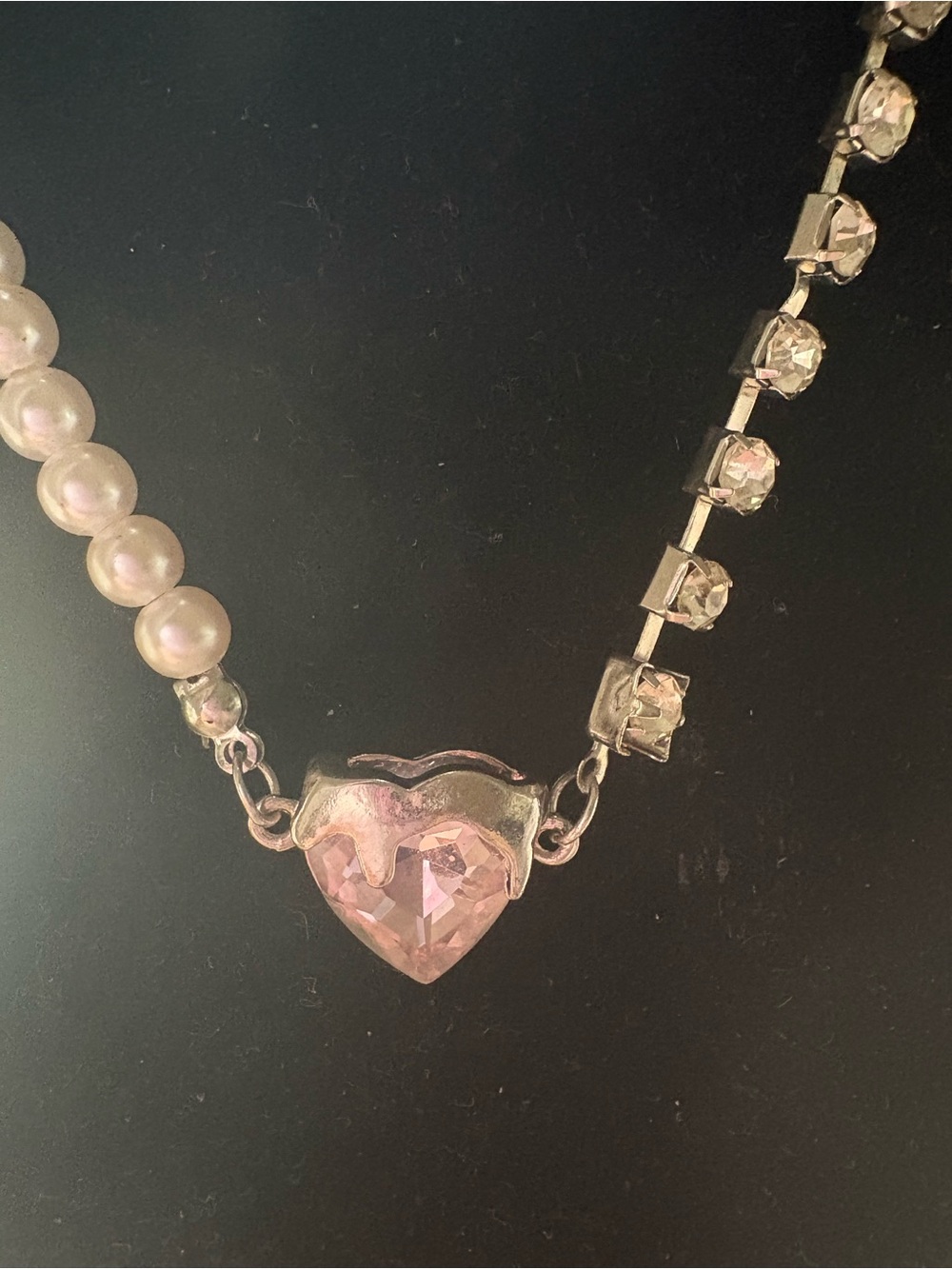 Pink Heart Crystal, Pearl & Rhinestone Necklace - Women Jewelry